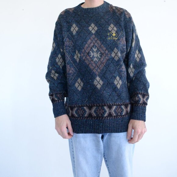 VTG 80s London Fog Blue Taupe Argyle Eclectic Grandpa Wool Crew Neck Sweater L - Picture 1 of 10
